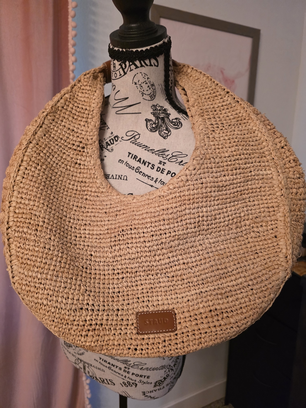 STAUD Natural Beige Woven Crescent Shoulder Bag
